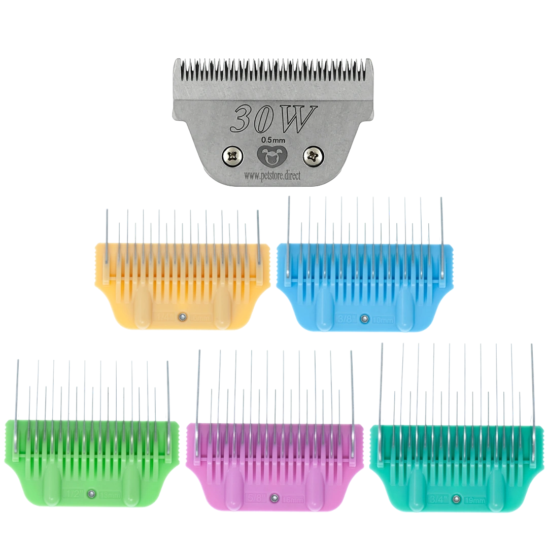 5pc Wide Glide Skip Tooth Comb Attachment Bundle with #30W Blade by PetStore.Direct