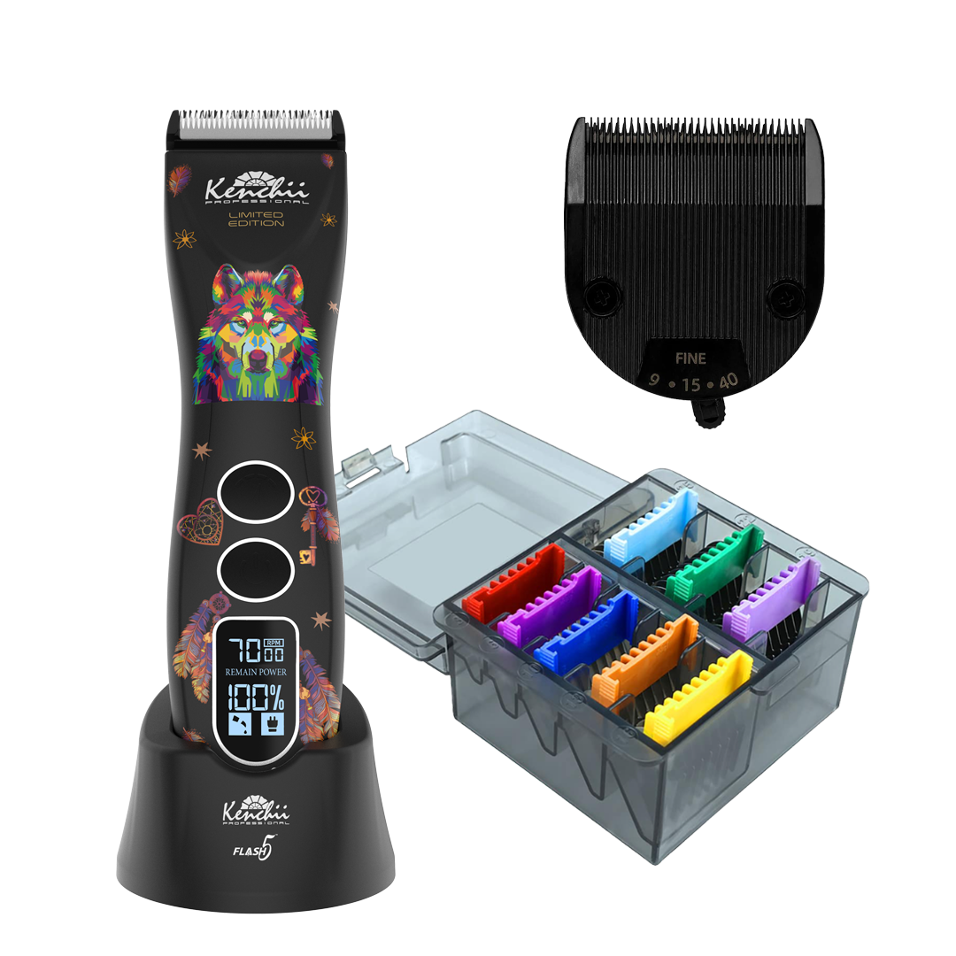 Flash5 Wolf Matte Black 5-in-1 Cordless Clipper with Comb Set and Detailer Blade by Kenchii